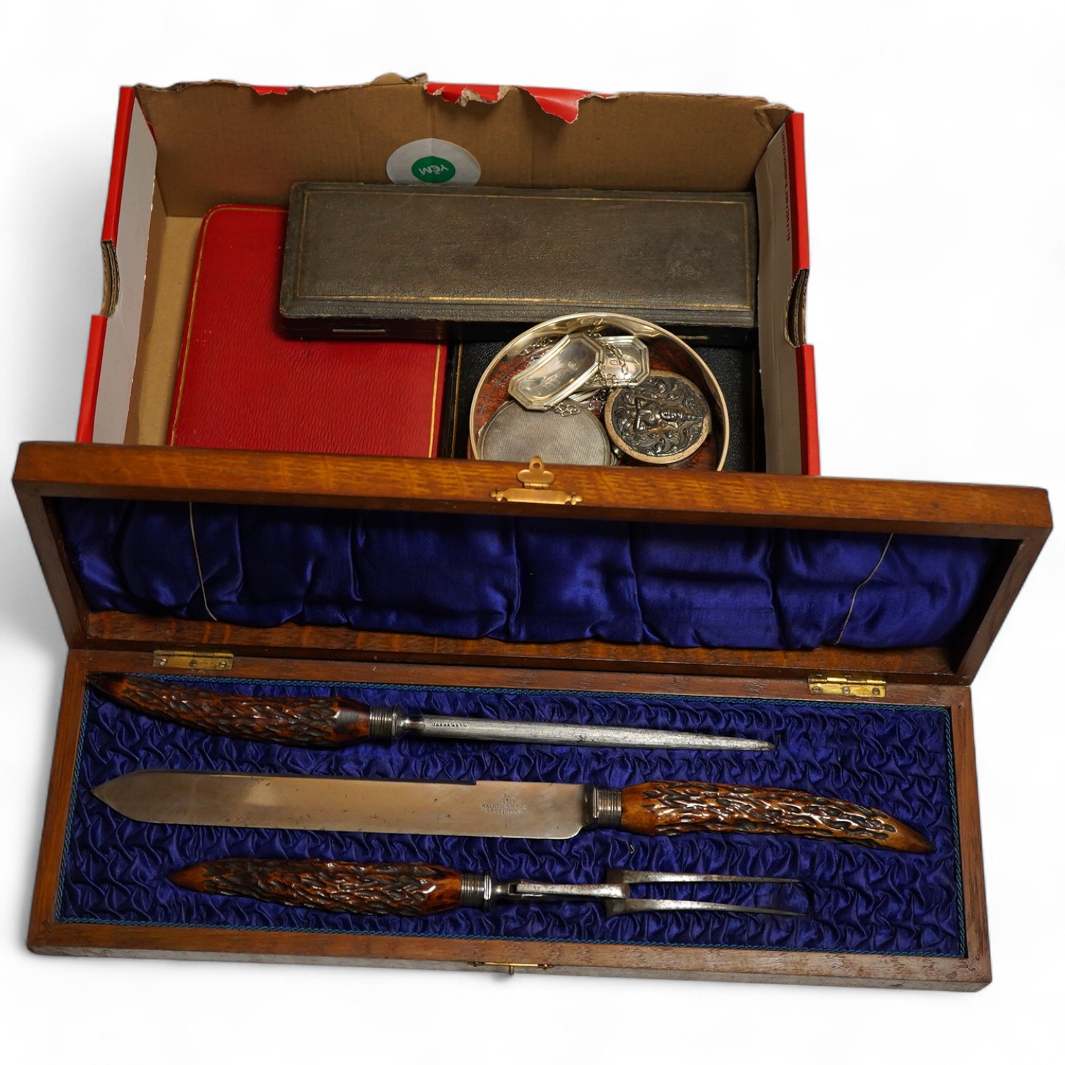 An Elizabeth II silver bottle coaster, London, 1997, M C Hersey & Son Ltd together with a cased set of six bright cut teaspoons, a cased set of pistol grip handled tea knives, a cased silver handled shoe horn and button